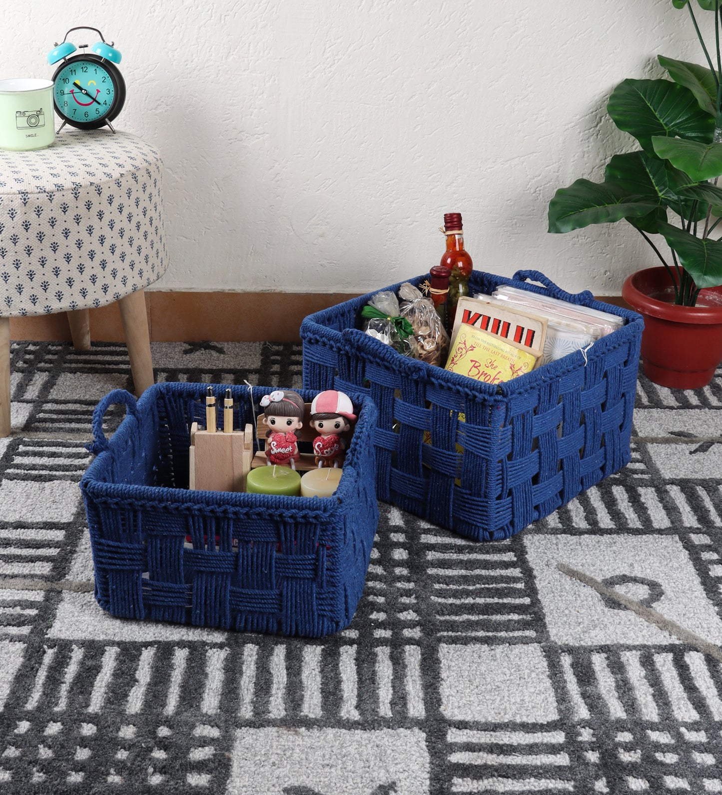 Blue cotton rope basket-set of 2