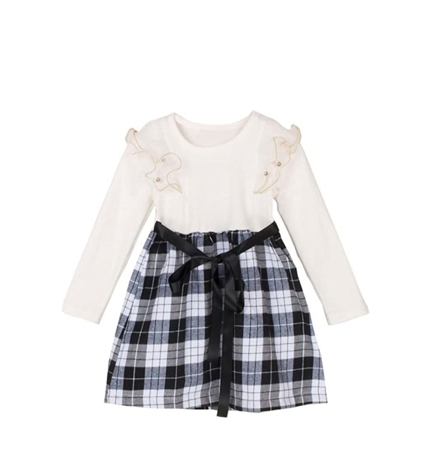 White Black Dress Plaids Cotton Frills 2-6 Years