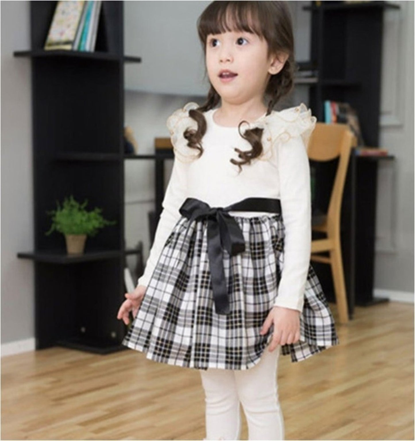 White Black Dress Plaids Cotton Frills 2-6 Years