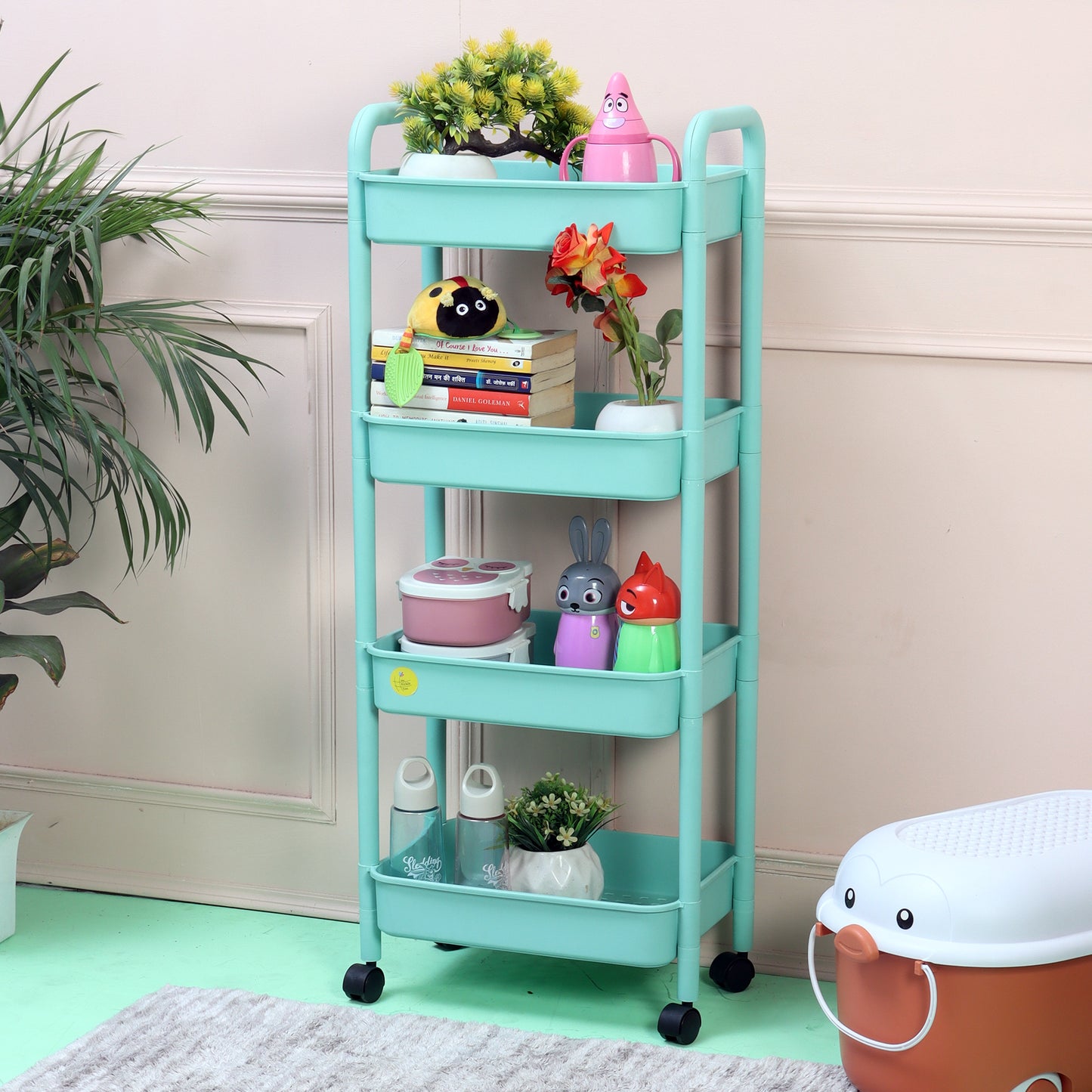 4 Layer Plastic Kitchen Storage Trolley Green