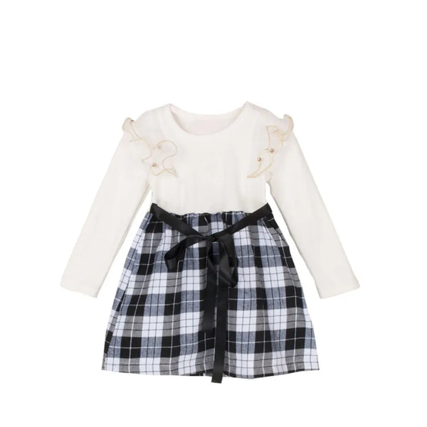 White Black Dress Plaids Cotton Frills 4-5 Years