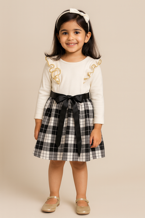 White Black Dress Plaids Cotton Frills 4-5 Years