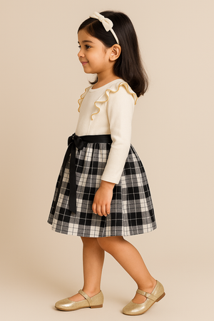 White Black Dress Plaids Cotton Frills 4-5 Years