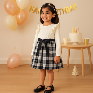 White Black Dress Plaids Cotton Frills 4-5 Years