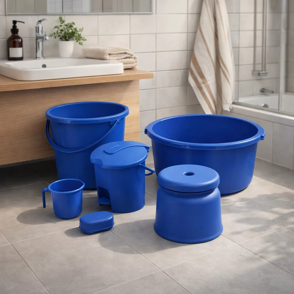 6-Piece Bathroom Essentials Set with Tub, Bucket, Mug, Dustbin, Stool & Soap Holder