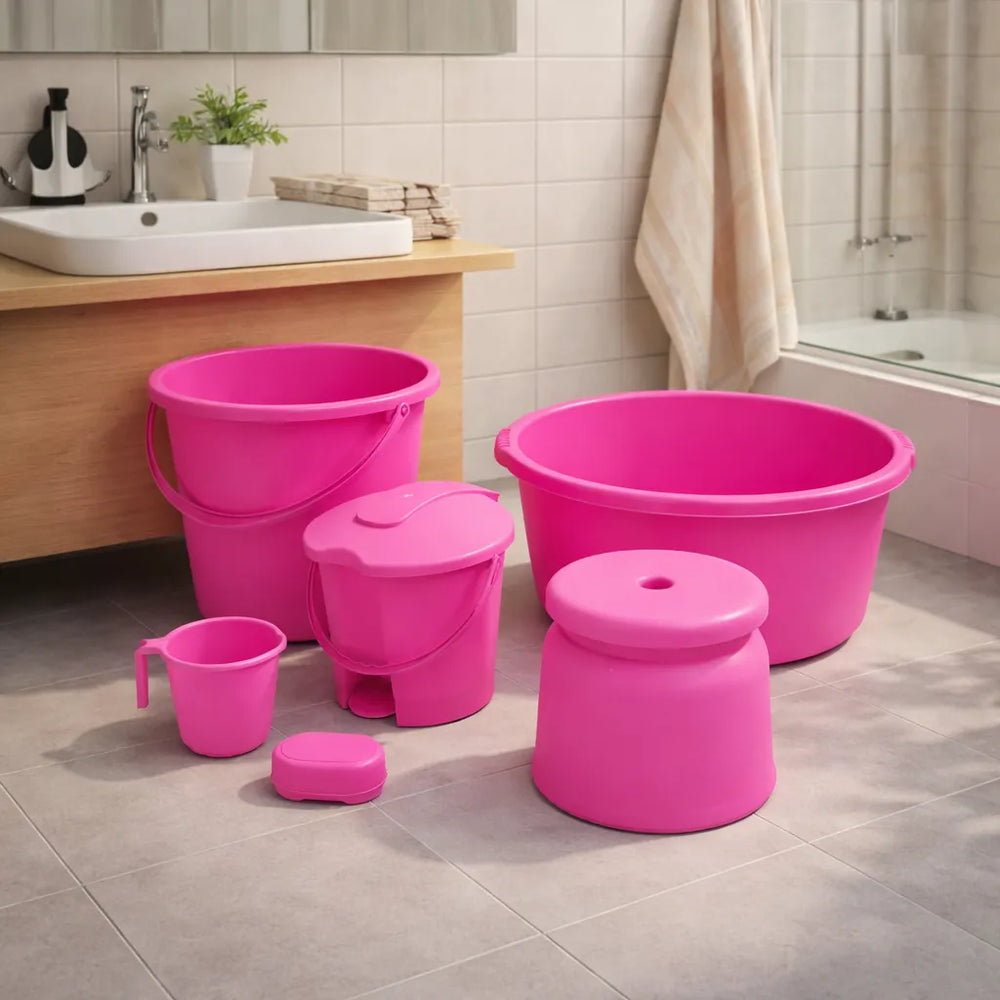 6-Piece Bathroom Essentials Set with Tub, Bucket, Mug, Dustbin, Stool & Soap Holder