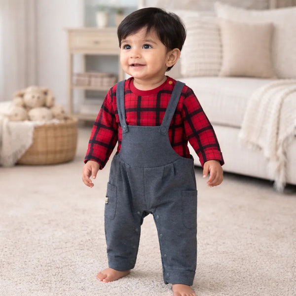 Red Shirt Grey Dungaree Set 12-24 Months