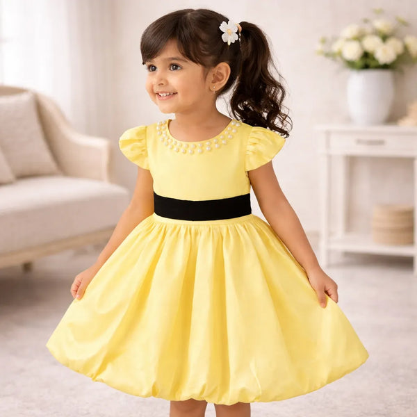Satin Yellow Dress with Pearls 3-4 Years