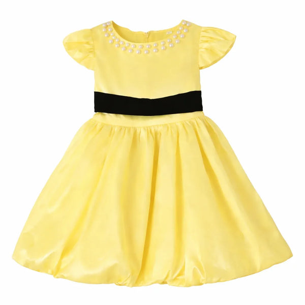 Satin Yellow Dress with Pearls 3-4 Years