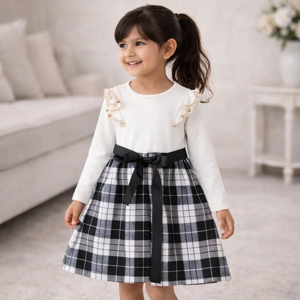 White Black Dress Plaids Cotton Frills 3-4 Years