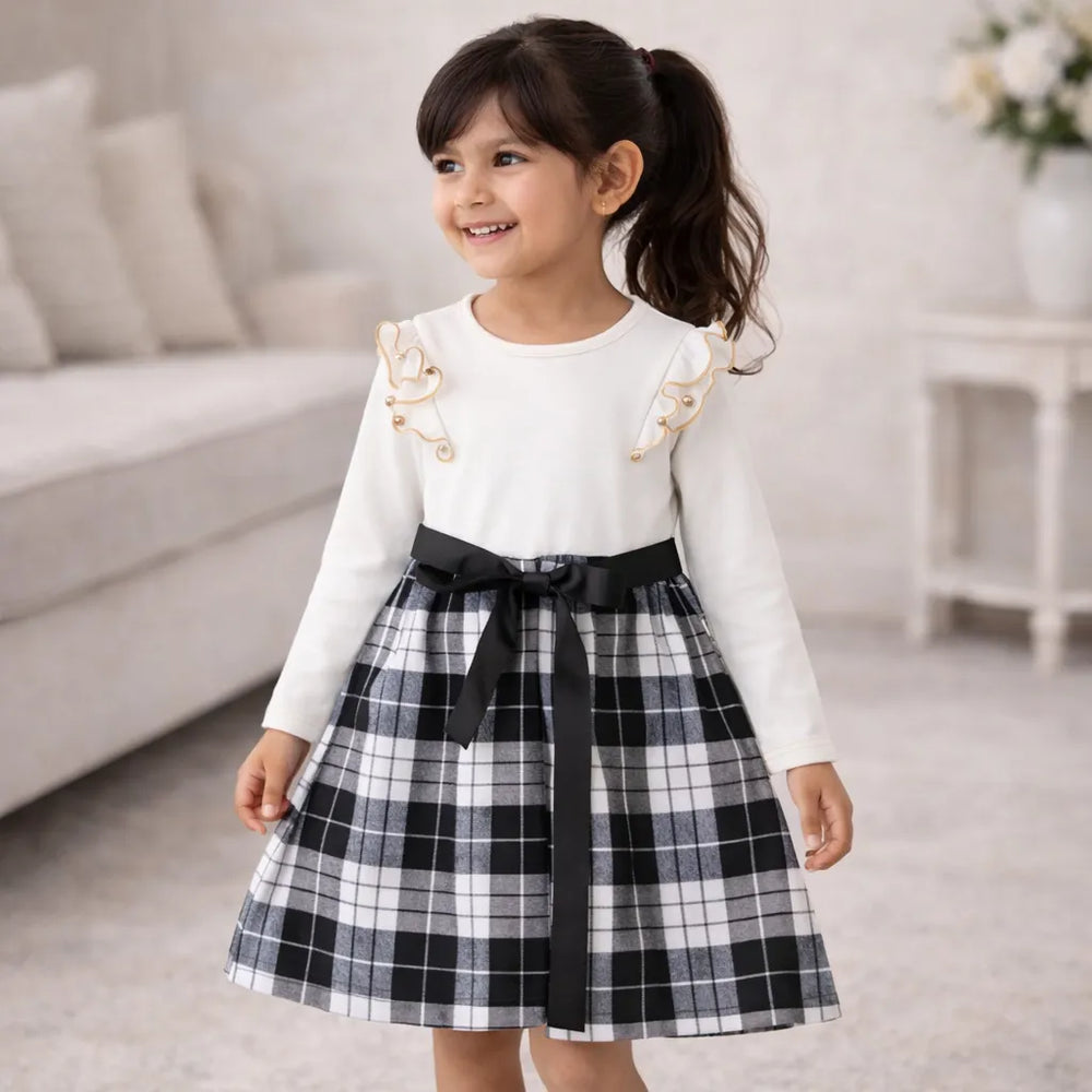 White Black Dress Plaids Cotton Frills 4-5 Years