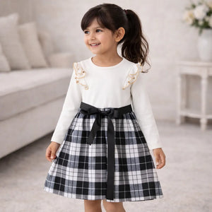 White Black Dress Plaids Cotton Frills 4-5 Years
