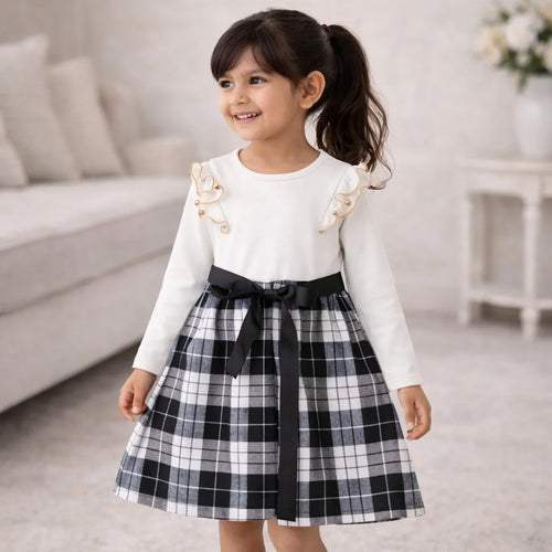 White Black Dress Plaids Cotton Frills 4-5 Years