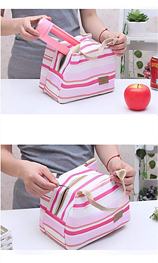 Insulated Lunch Bag Thermal Stripe Tote Bags Picnic Food Lunch Box Bag for Women Girls Ladies Kids