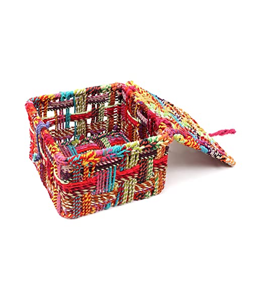 Multicolor cotton rope basket with lid 35L x 35W x 25H cm large