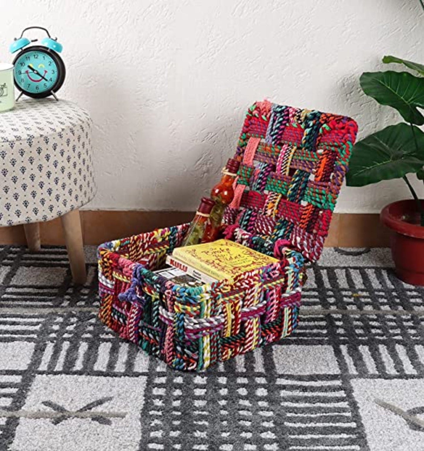 Multicolor cotton rope basket with lid 35L x 35W x 25H cm large