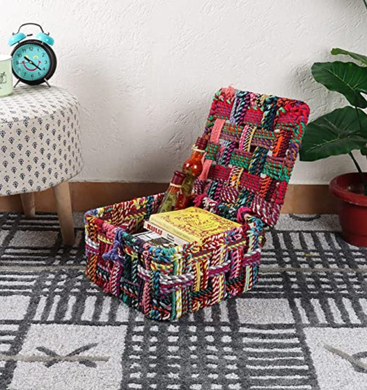 Multicolor cotton rope basket with lid 35L x 35W x 25H cm large
